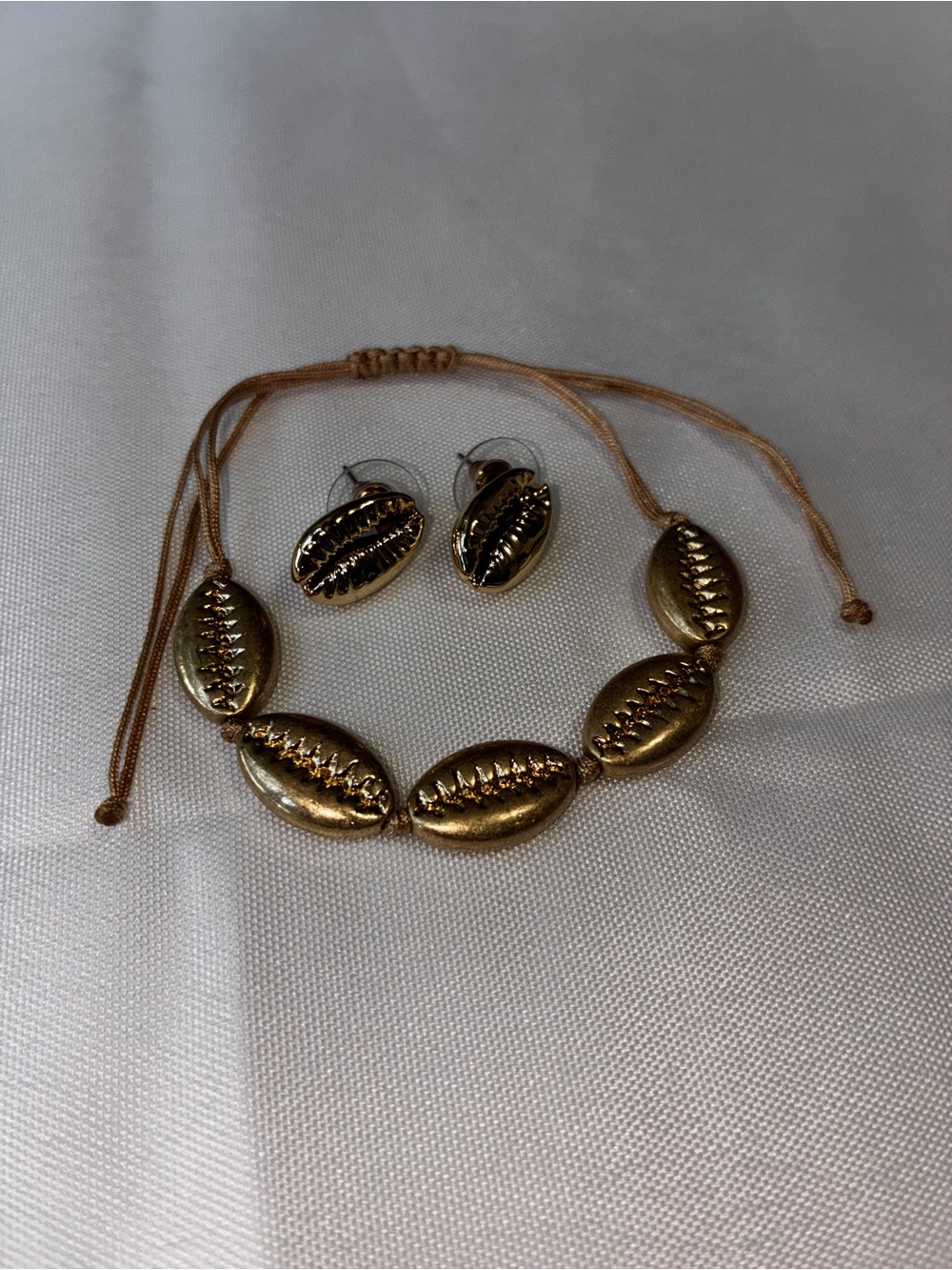 Gold Cowrie Shell Jewelry Set | Adjustable Cord Bracelet & Stud Earrings - Picture 4 of 6